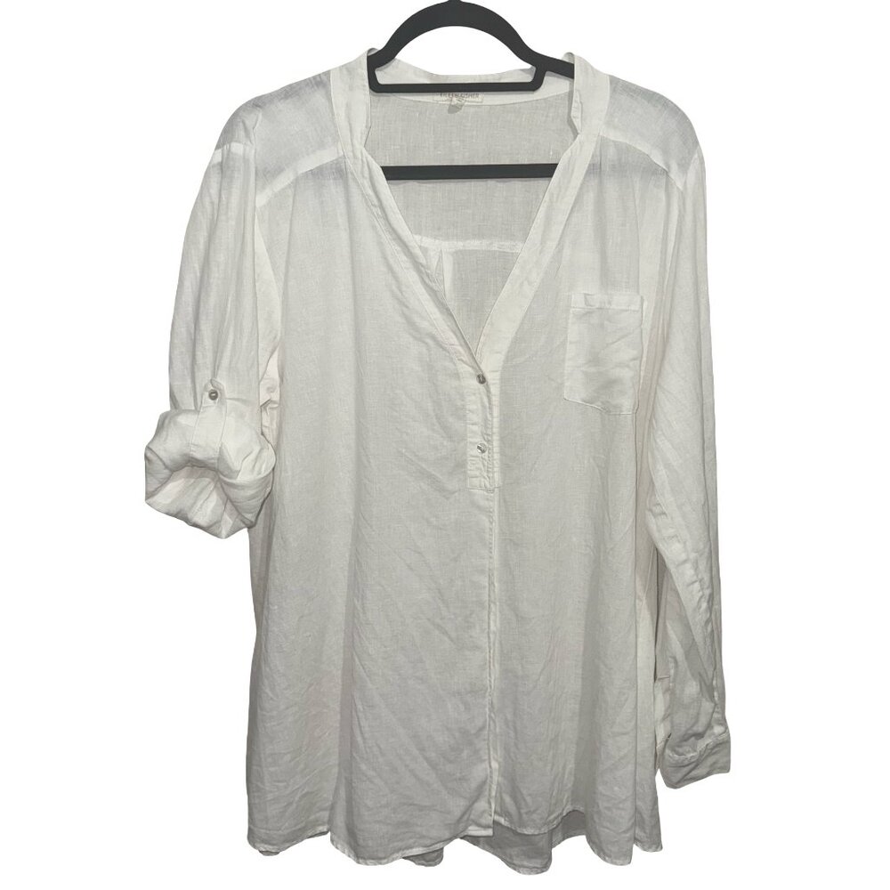 Elieen Fisher 100% Irish Linen Off White Long Sleeve Button Down Blouse Sz L